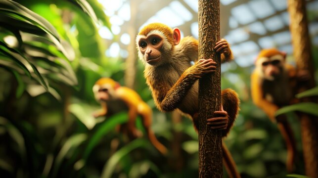A group of 3D-animated monkeys swinging from branches inside a zoo exhibit