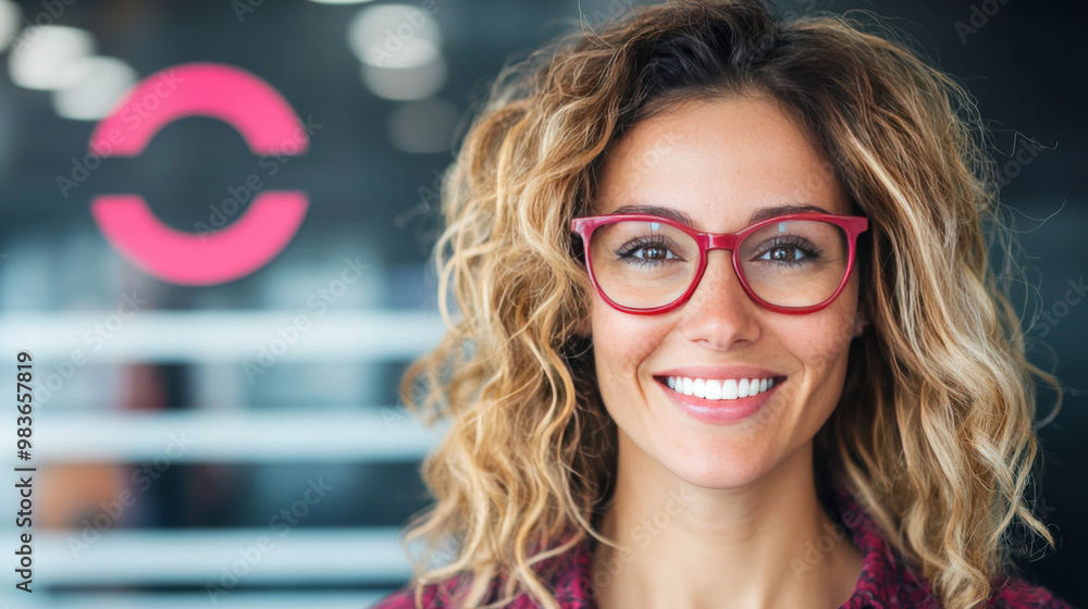 Sticker Smiling woman with curly hair wearing red-rimmed glasses.