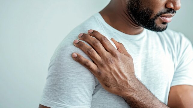 Man gripping his shoulder in pain highlighting discomfort in the upper body