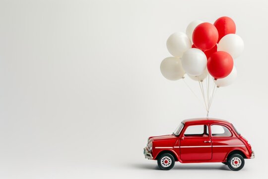 Retro red toy car with red and white balloons for a joyful celebration on a white background with space for greetings