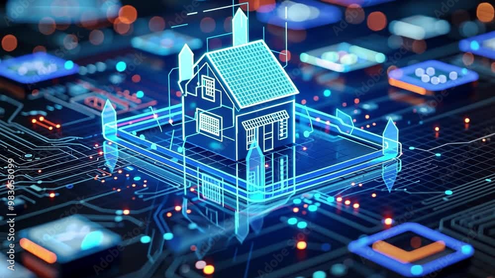 Aufkleber a futuristic representation of a house displayed on a smartphone, surrounded by glowing circuitry, h