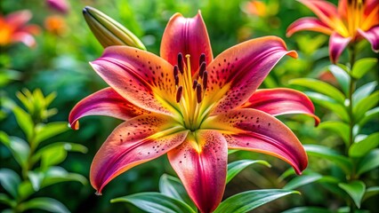 Vibrant Starburst Lily blossoms in brilliant colors stand out against a soft green garden background, offering a