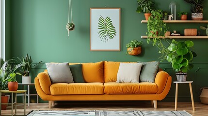 Living Room with Yellow Sofa and Green Plants