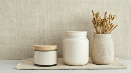Zero-waste beauty products in biodegradable packaging arranged on a linen cloth with eco-themed decorations