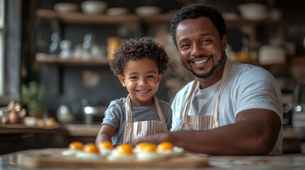 A father and son wearing aprons smile while preparing a meal together.