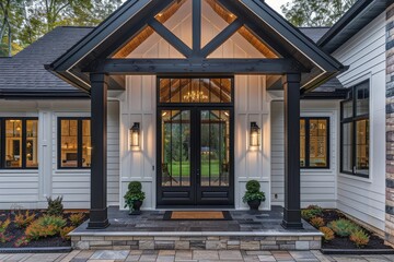 Modern farmhouse front door featuring a black steel frame and large windows, with natural stone flooring and sophisticated lighting elements.