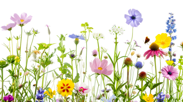 Vibrant Meadow Flowers and Insects with Transparent Background for Design Projects , Transparent Background