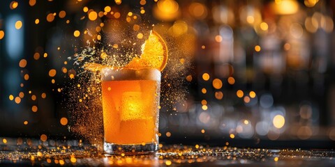 Spicy orange-infused beer cocktail with flaming accents on a tabletop.