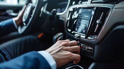 Man driving a car. Close-up of male hands on steering wheel