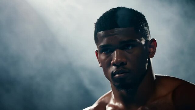 A boxer before a fight. He stares at his opponent, preparing for the fight. Unflinching, the boxer's steely resolve is evident as he envisions his victory.