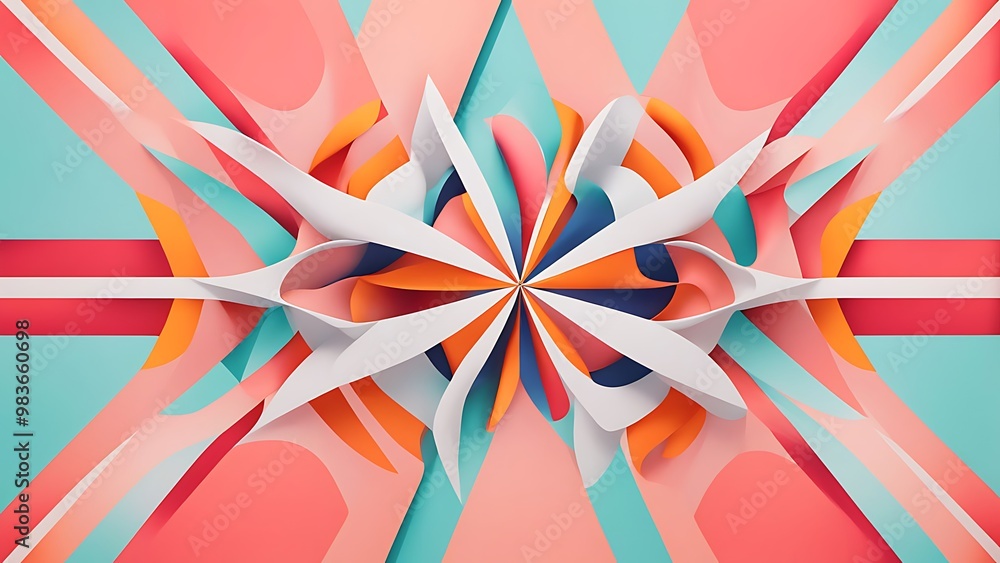 Poster symmetrical shapes that are slightly twisted, creating a sense of movement, set against a minimalist