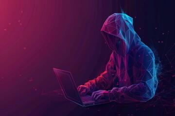 polygonal hacker with laptop, Cyber attack, Computer hacking concept, criminal