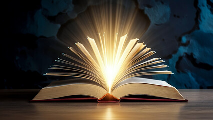 Open book with magical glow on an abstract dark blue background, Glowing open book on a table, Close up of an open book on dark background