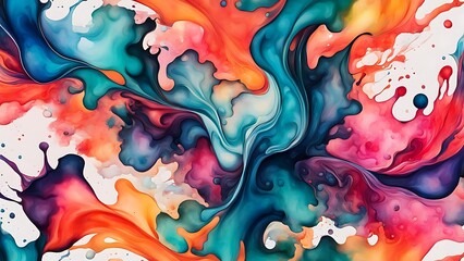 Fluid color splashes blending into each other, forming an abstract artwork with a high-quality watercolor effect, sharp and vivid