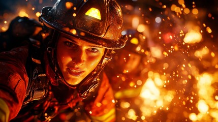 Firefighters battling a raging inferno, bravery, teamwork, smoke-filled scene, emergency response, intense flames, high-quality, photorealistic