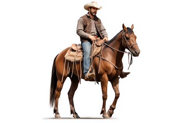 A cowboy riding a well-groomed horse while dressed in traditional Western attire in an open terrain during daylight hours