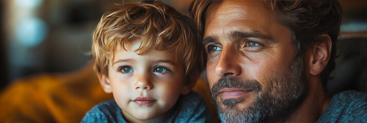 A father and son look into the distance, sharing a quiet moment.