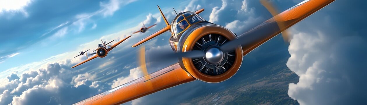 Pilots flying vintage airplanes in formation, aviation, history, precision, aerobatic maneuvers, blue skies, high-quality, photorealistic