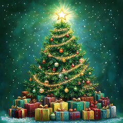 A festive Christmas clipart featuring a beautifully decorated tree surrounded by colorful gift packages under a starry winter night