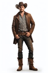 A full body clipart of a cowboy standing confidently, wearing a leather coat and hat, in a rustic Western setting at sunset