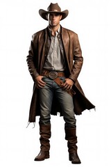 A full body clipart of a cowboy in a brown long coat with a hat standing confidently against a white background