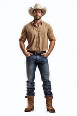 A full body view of a male farmer dressed in casual attire with a cowboy hat standing confidently in a rural setting