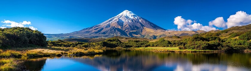Snow-capped volcano against a clear blue sky, geological wonder, majestic peak, volcanic landscapes :: hiking trails, hot springs, volcanic crater