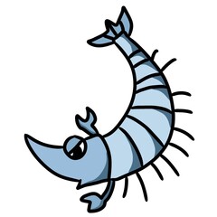 blue cartoon shrimp on white background