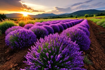 Obraz premium Sprawling lavender fields in full bloom, fragrant paradise, purple hues, sensory delight :: summer harvest, lavender-infused products, peaceful ambiance