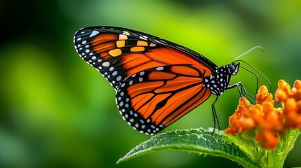 Naklejka premium Vibrant monarch butterfly emerging from its chrysalis, metamorphic beauty, graceful transformation, nature's wonder :: butterfly garden visit, insect photography, educational observation