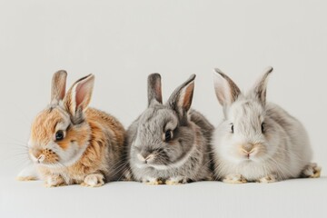 Obraz premium Three domestic rabbits resting peacefully on a soft white background with studio lighting and gentle shadows