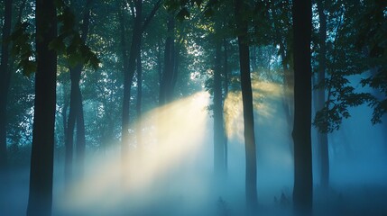 Obraz premium Sunbeams pierce through a misty forest, creating a dramatic and ethereal scene.