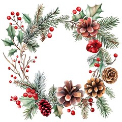 Festive Christmas wreath featuring pinecones, holly, and red berries on a white background for seasonal decoration