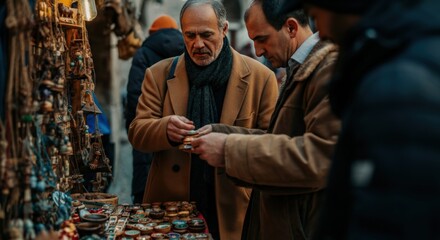 Fototapeta premium Two Men Examining Goods at a Market Stall