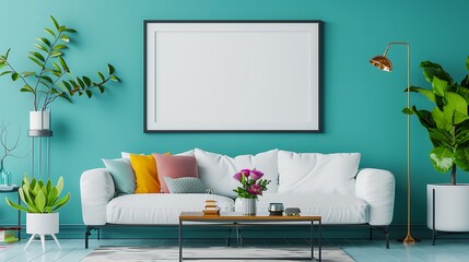 Modern Living Room Interior with White Sofa and Turquoise Walls