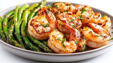 Grilled Shrimp with Asparagus on White Plate