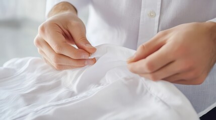 Close-Up of Hands Adjusting White Shirt Fabric