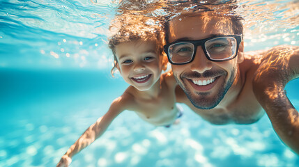 Naklejka premium Happy Father and Son Swimming Underwater Together