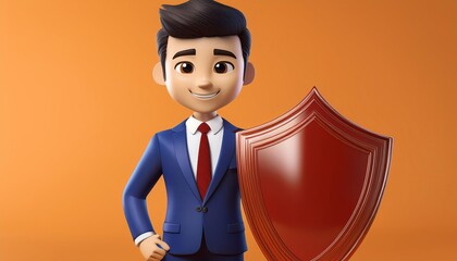 A cartoon character in a suit holds a shield against an orange background, symbolizing protection and confidence.