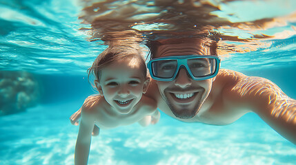 Naklejka premium Joyful Family Fun in Swimming Pool Underwater
