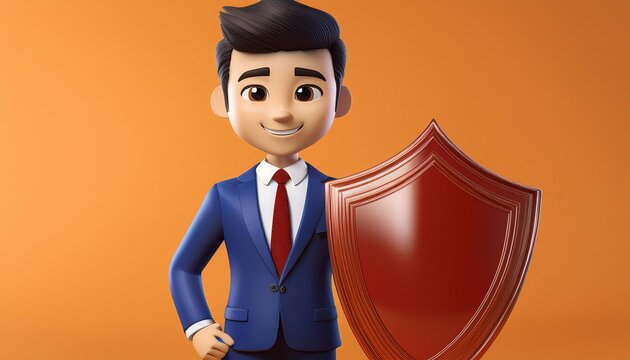 A cartoon character in a suit holds a shield against an orange background, symbolizing protection and confidence.