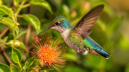 Fototapeta premium Vibrant Hummingbird Feeding on Red Flower Nectar in Lush Greenery - Wildlife Photography