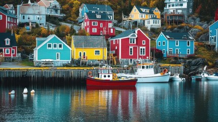 Fototapeta premium Seaside village with vivid, multicolored houses, creating a lively coastal scene with boats docked nearby.