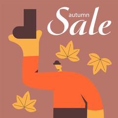 Autumn Sale background, banner or flyer design. Boy with autumn shoe. Template for advertising, web, social networks. Flat vector illustration in cartoon style.