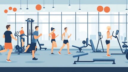Dynamic fitness scene showcasing diverse individuals exercising in a modern gym environment, promoting health and wellness.