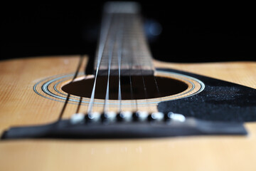 Close View of Acoustic Guitar Strings and Soundhole