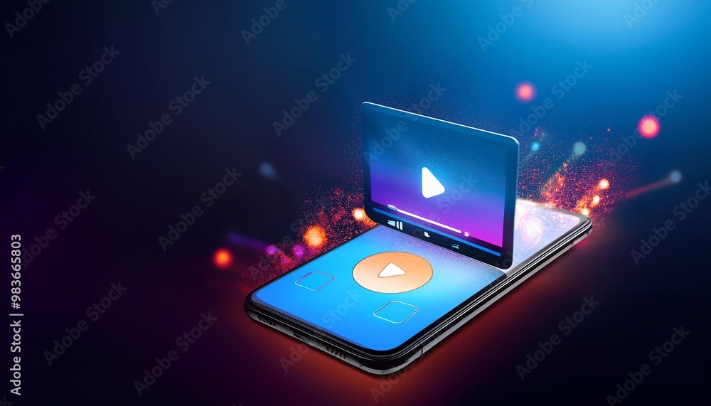 Poster a vibrant digital display of a phone showcasing video content, with animated elements highlighting s