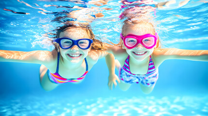 Joyful Girls Swimming Underwater in Clear Pool
