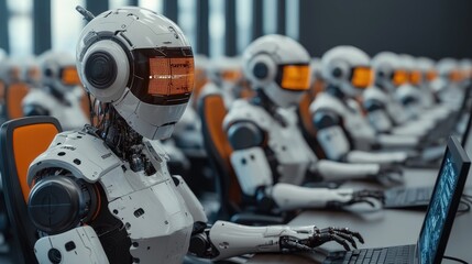 A futuristic office scene where multiple robots assist human employees with tasks, An advanced AI-driven workplace