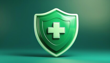 Obraz premium A green shield with a white cross, symbolizing health, safety, and protection in a modern, minimalist design.